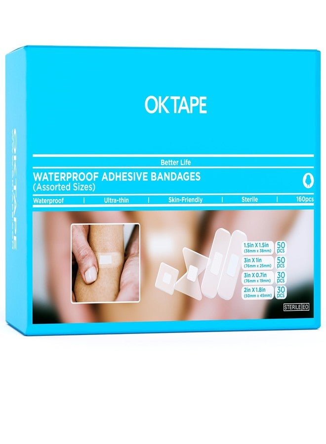 OK TAPE Waterproof Clear Adhesive Bandages, Bulk 160 ct Sheer Assorted Sizes with Individually Wraps for First-Aid Wound Care, Variety Bandage Pack for Minor Cuts & Scrapes - Stays Put in The Shower - Image 1